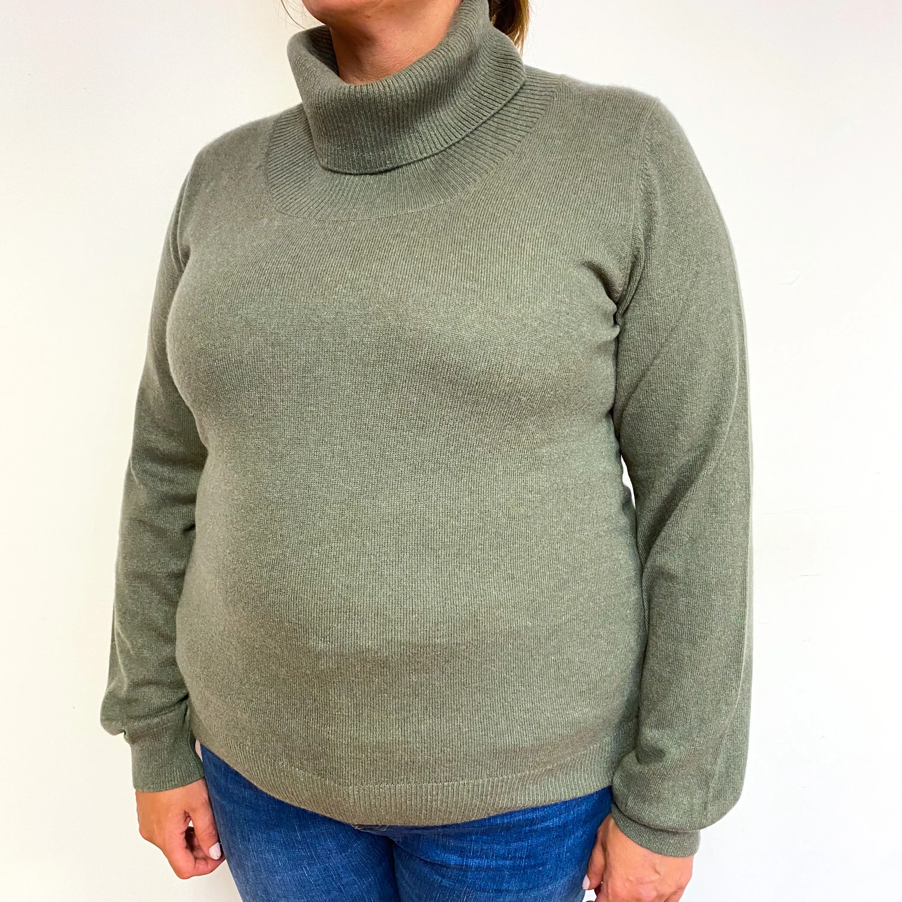 Olive Green Cashmere Polo Neck Jumper Extra Large