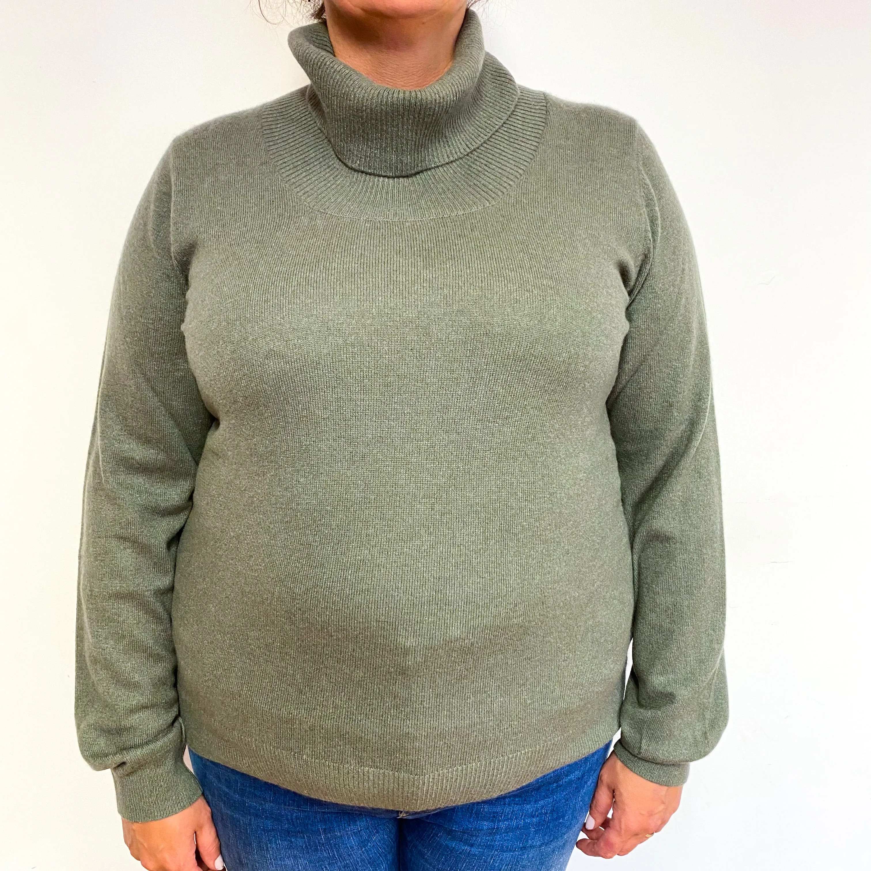 Olive Green Cashmere Polo Neck Jumper Extra Large