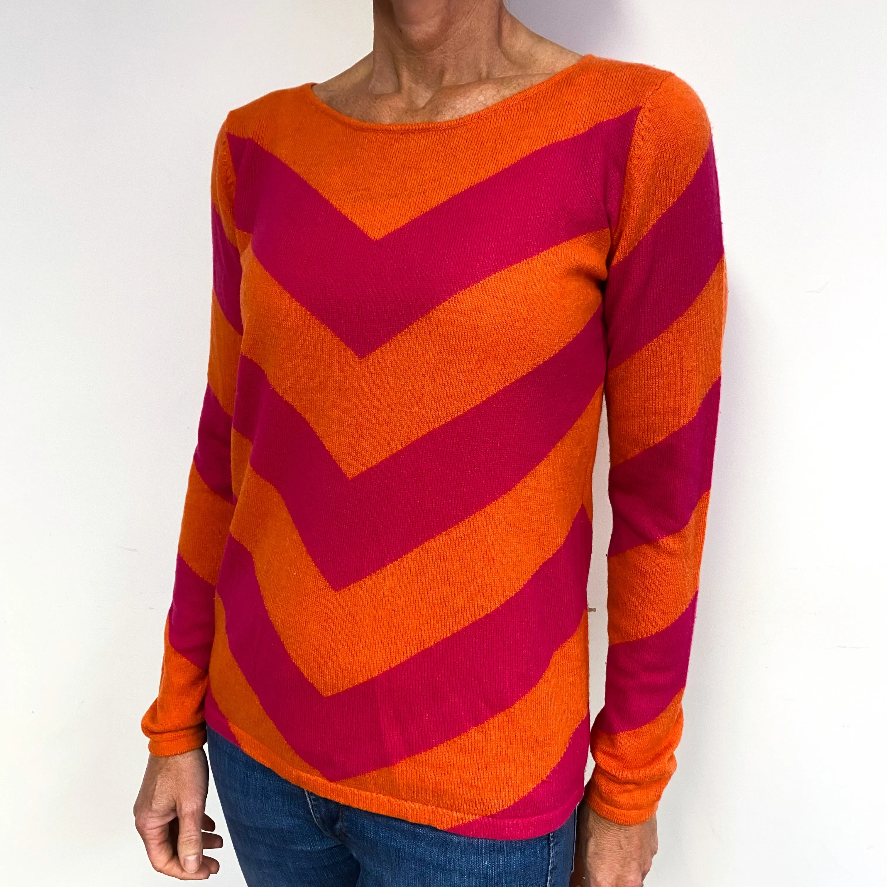Orange and Fuchsia Pink Striped Cashmere Crew Neck Jumper Medium
