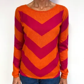 Orange and Fuchsia Pink Striped Cashmere Crew Neck Jumper Medium