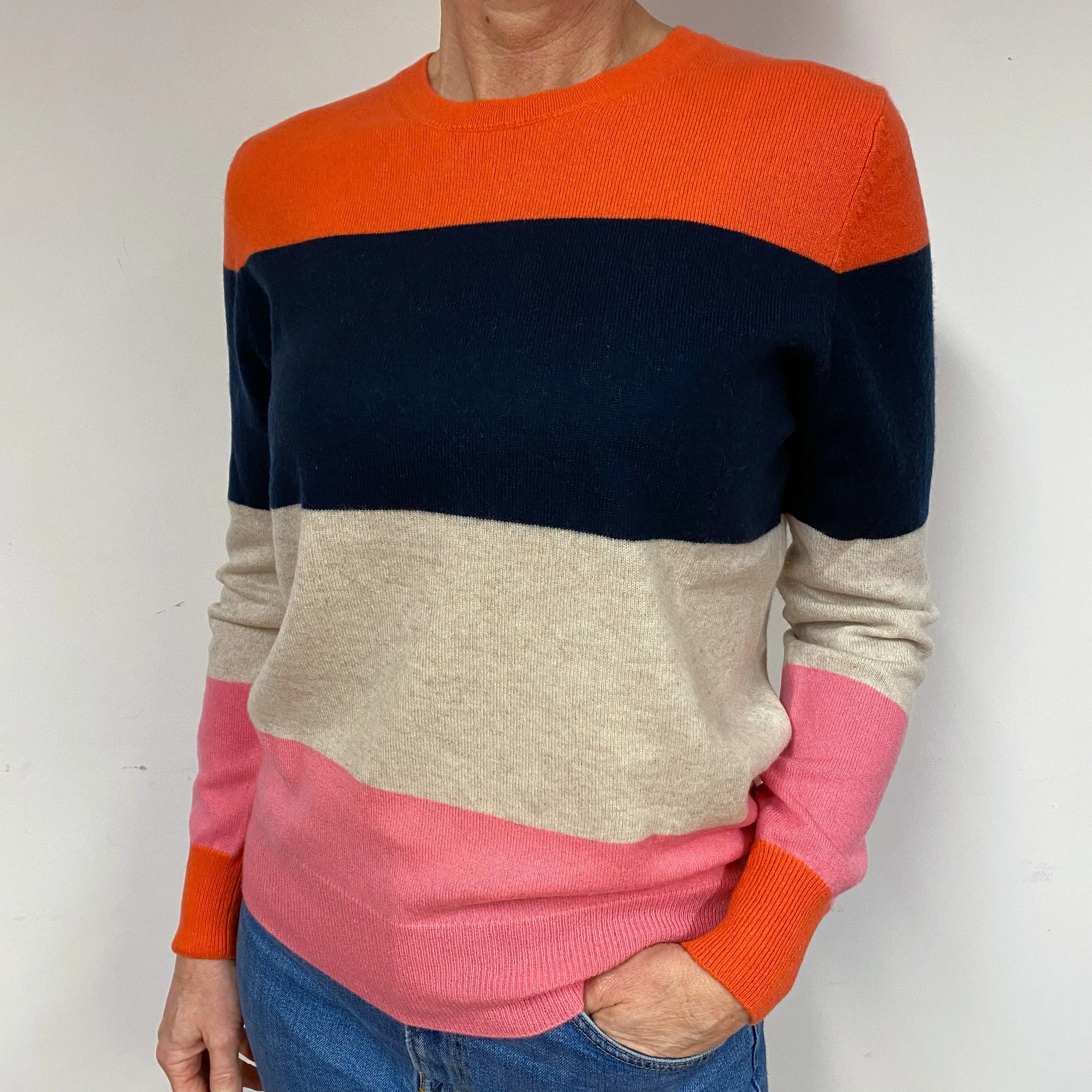 Orange Navy Beige Pink Cashmere Crew Neck Jumper Medium