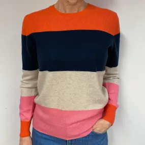 Orange Navy Beige Pink Cashmere Crew Neck Jumper Medium