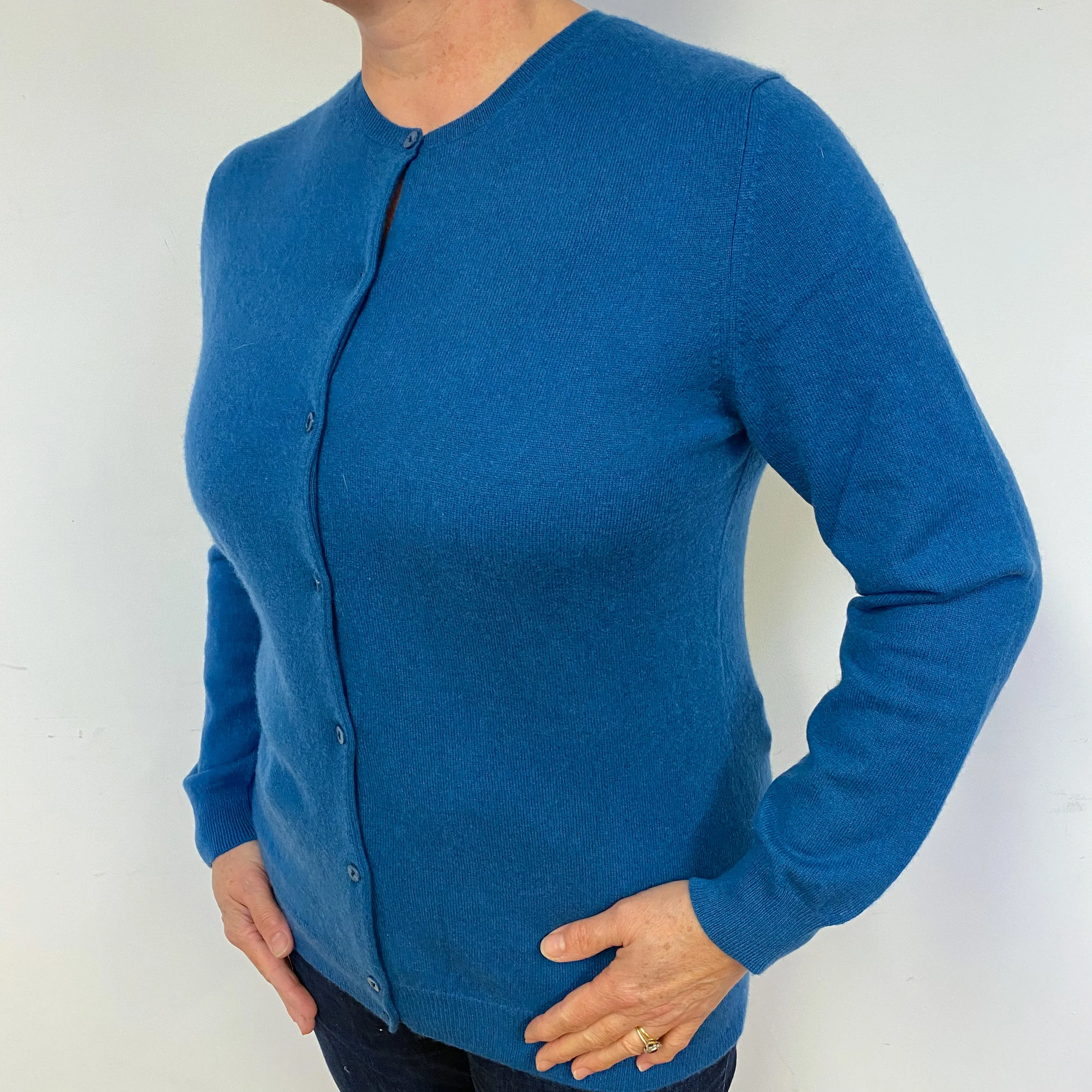 Peacock Blue Cashmere Crew Neck Cardigan Large