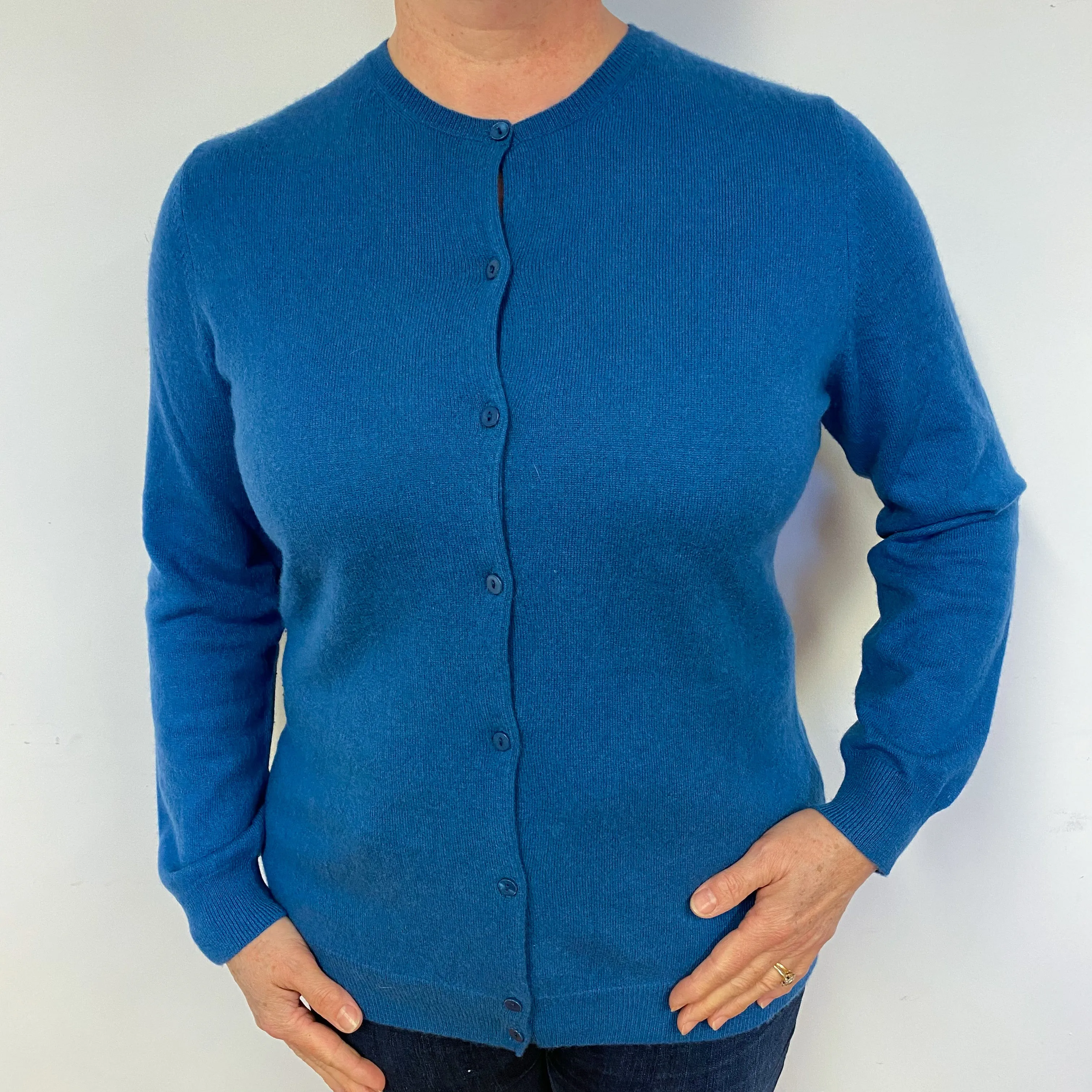 Peacock Blue Cashmere Crew Neck Cardigan Large