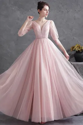Pink V-Neck Tulle Long Prom Dress, Simple 1/2 Sleeve Evening Party Dress