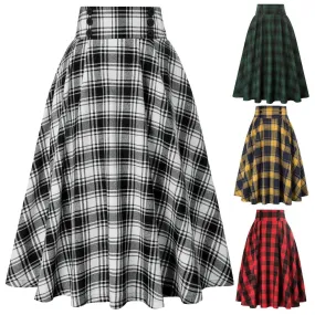 Plaided Skirt High Waist Buttons Decorated Flared A-Line With Open Side-seam Pockets Flared A-Line Silhou