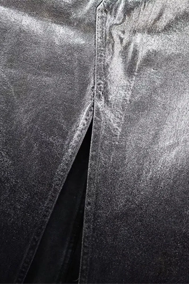 QJ0244 Metallic Denim Long Skirt