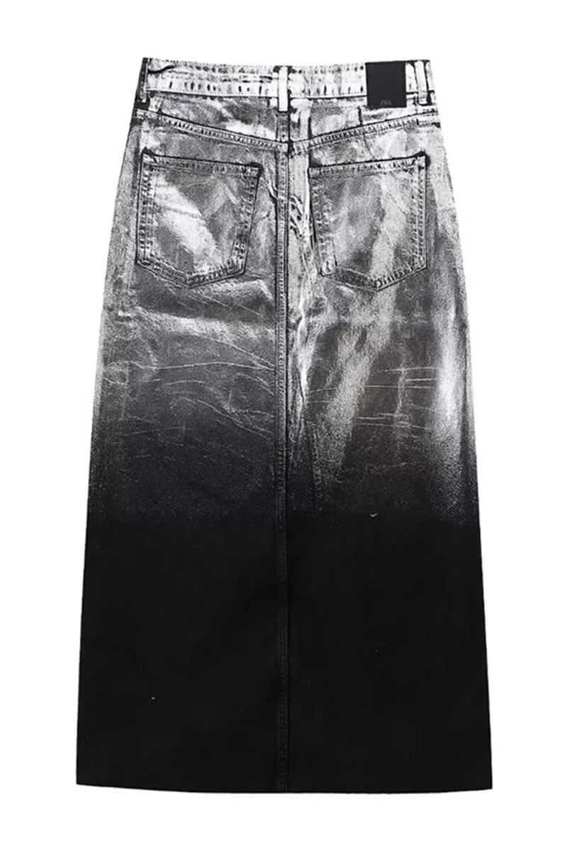 QJ0244 Metallic Denim Long Skirt