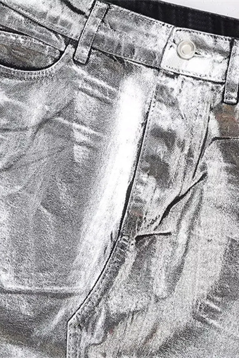 QJ0244 Metallic Denim Long Skirt
