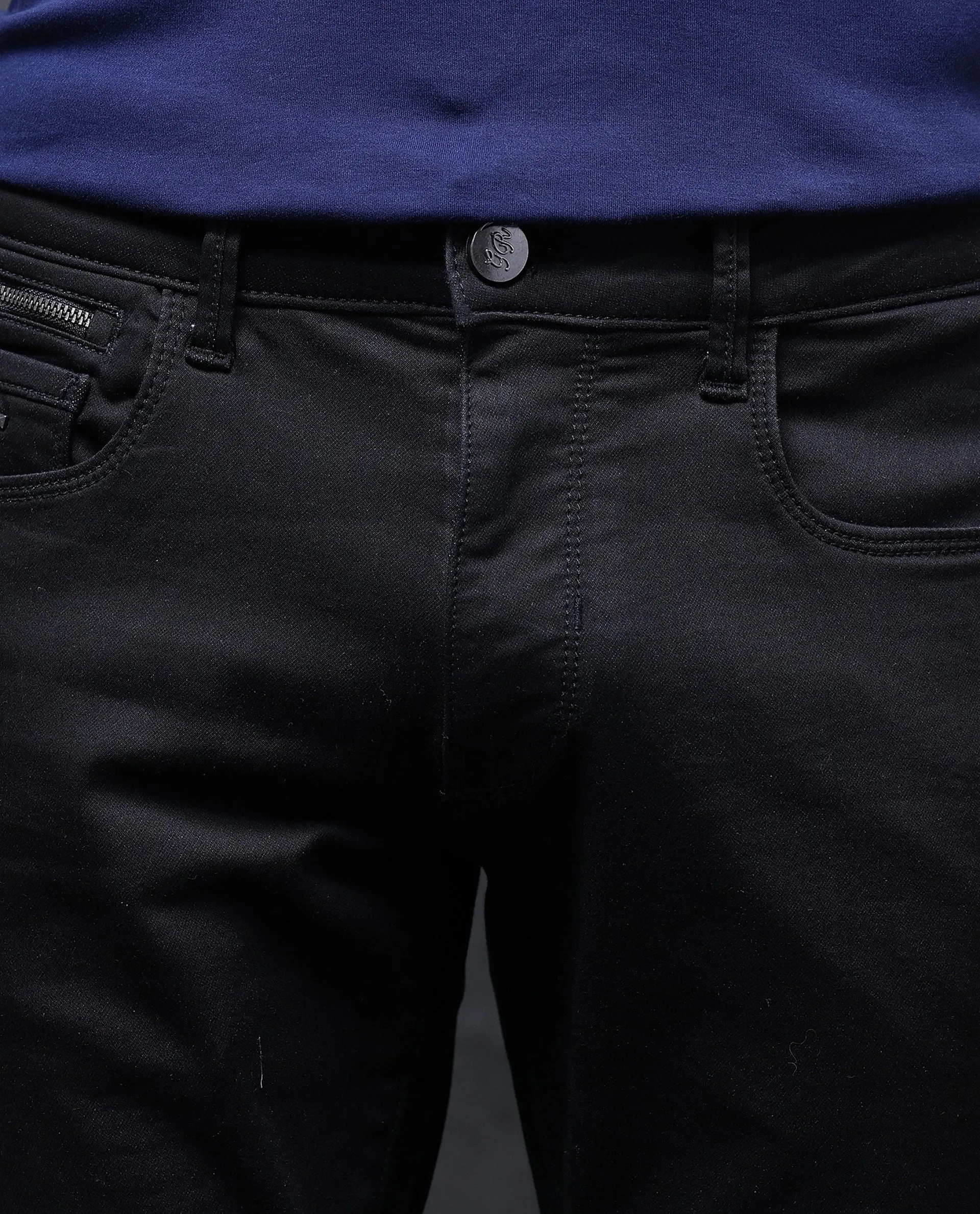 Rare Rabbit Men Corvo Black Cotton Polyester Fabric Dark Wash Slim Fit Plain Denim Jeans