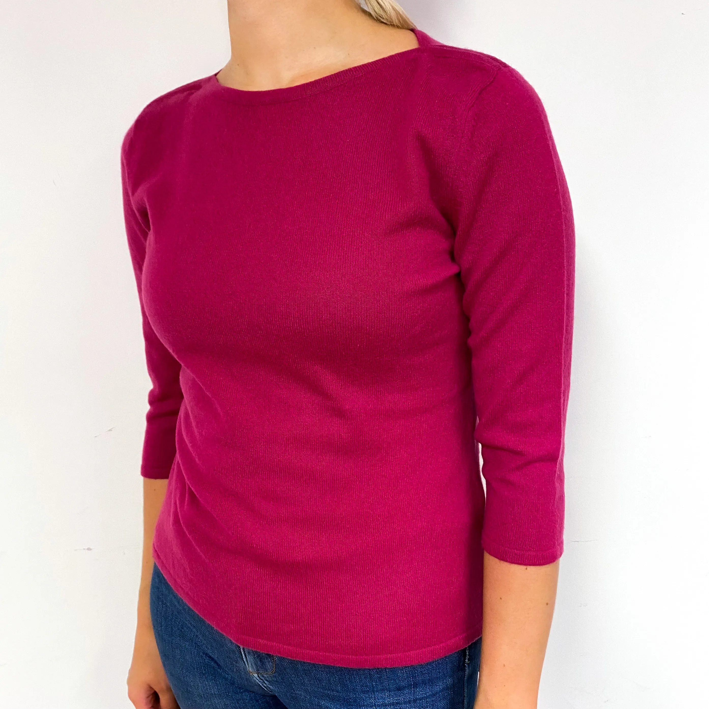 Raspberry Pink 3/4 Sleeve Cashmere Boat Neck Jumper Small