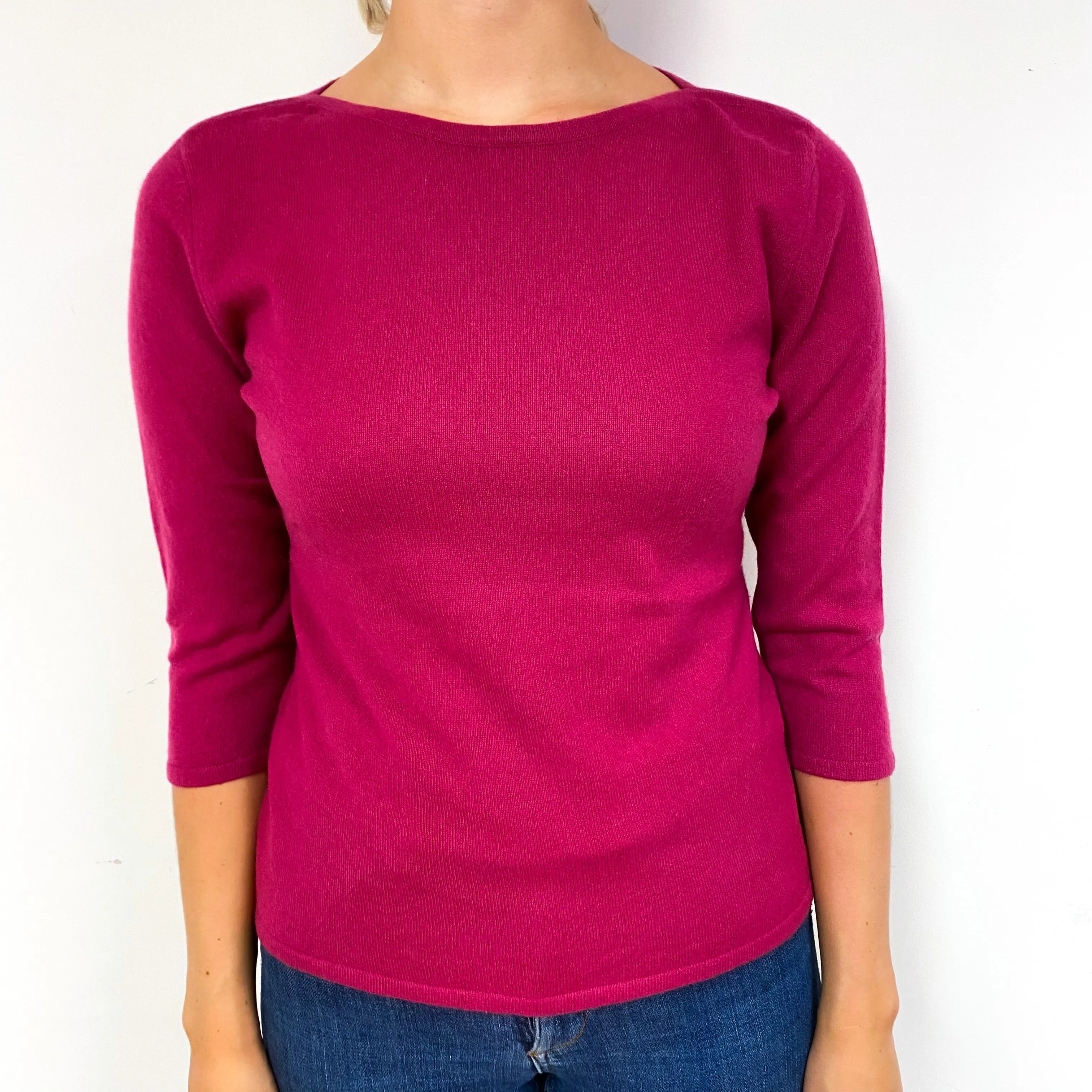 Raspberry Pink 3/4 Sleeve Cashmere Boat Neck Jumper Small
