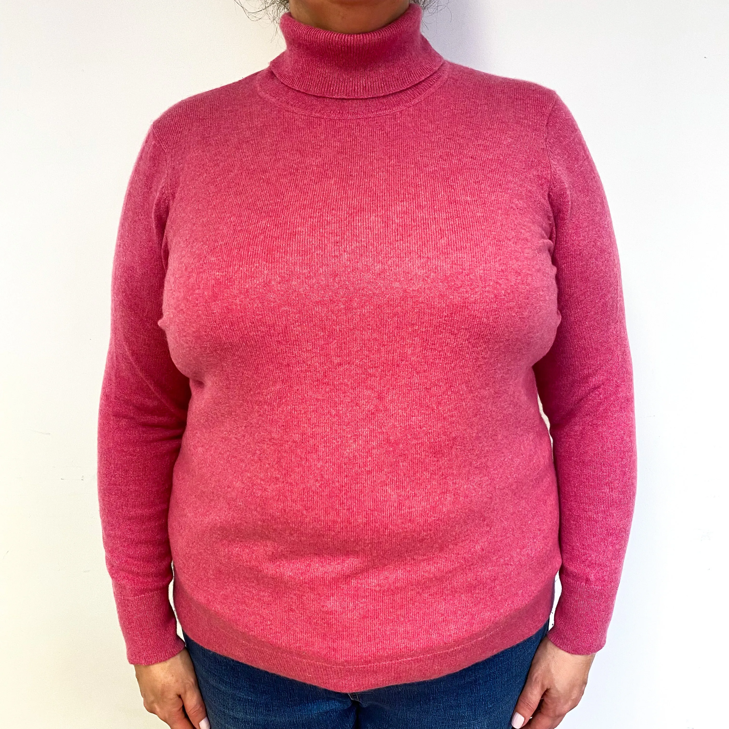 Raspberry Pink Cashmere Polo Neck Jumper Extra Large