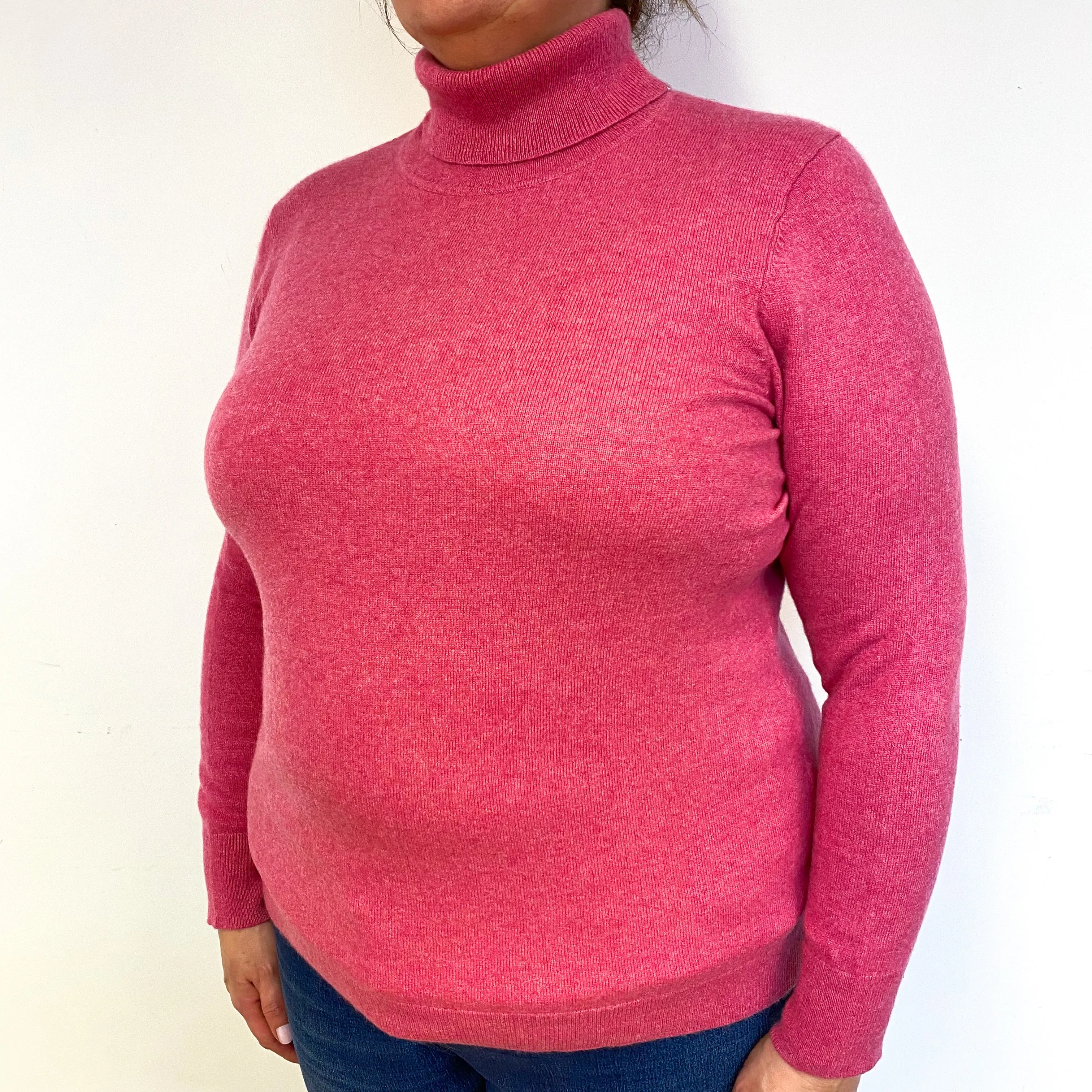 Raspberry Pink Cashmere Polo Neck Jumper Extra Large