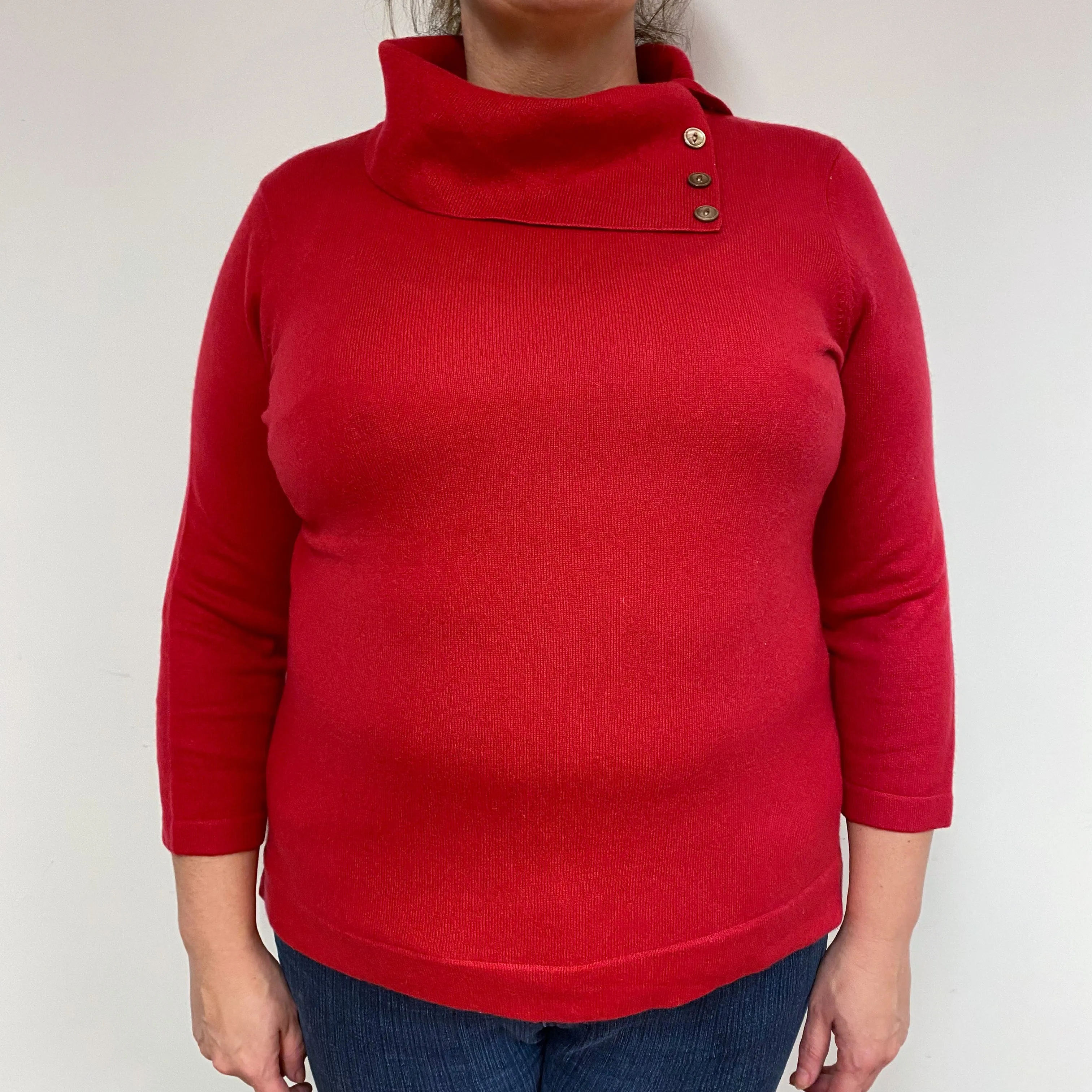 Red Buttoned Cashmere Polo Neck Jumper Extra Large