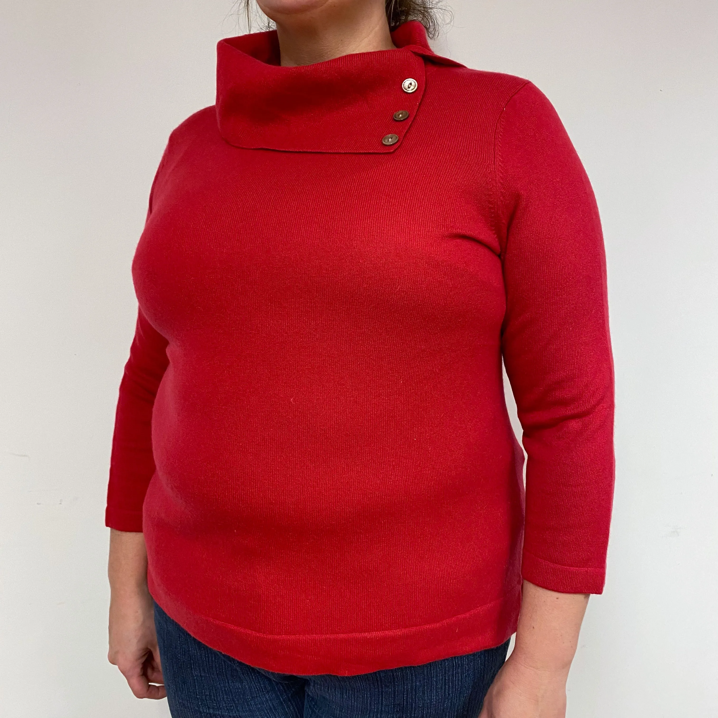 Red Buttoned Cashmere Polo Neck Jumper Extra Large