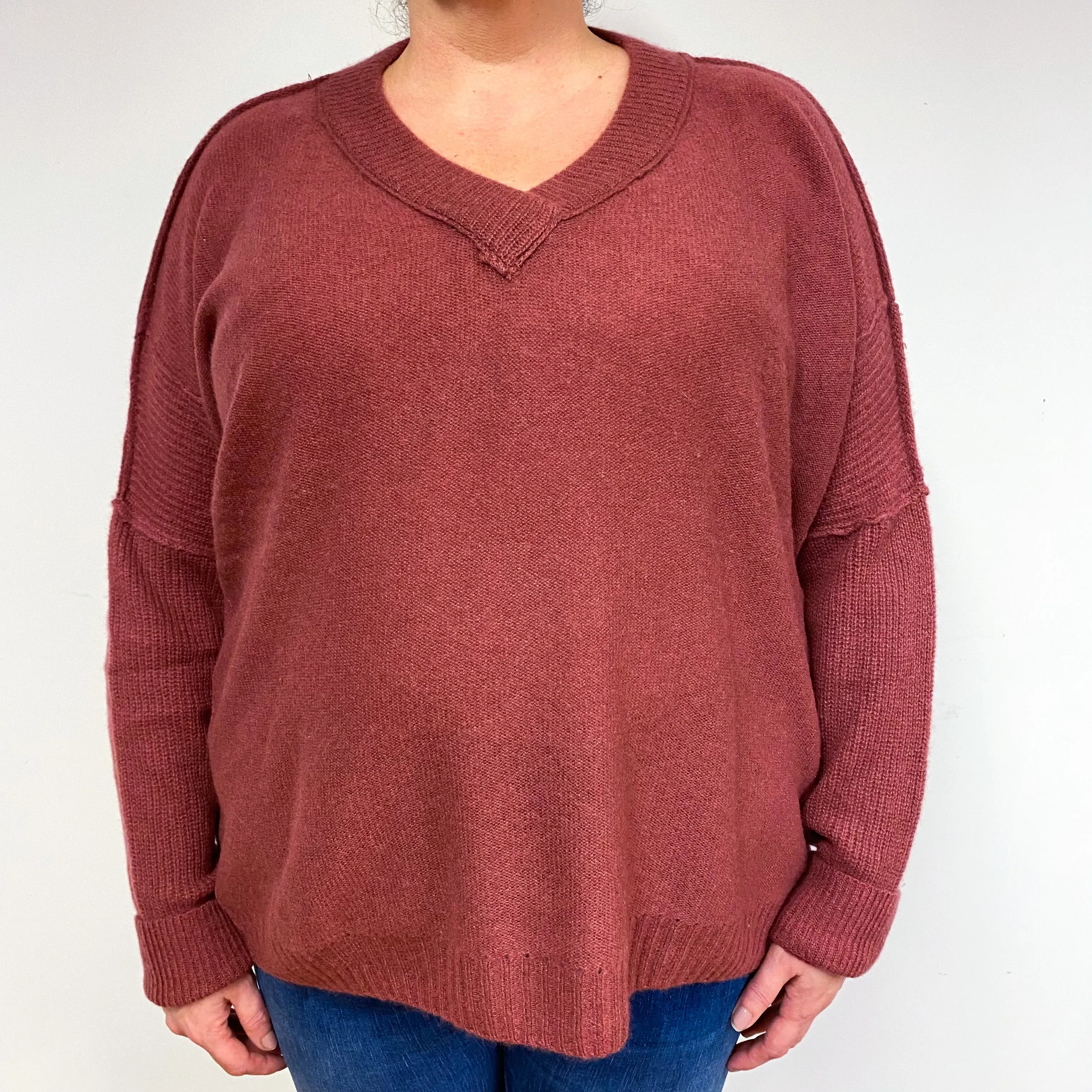 Rust Red Cashmere V-Neck Jumper Extra Large