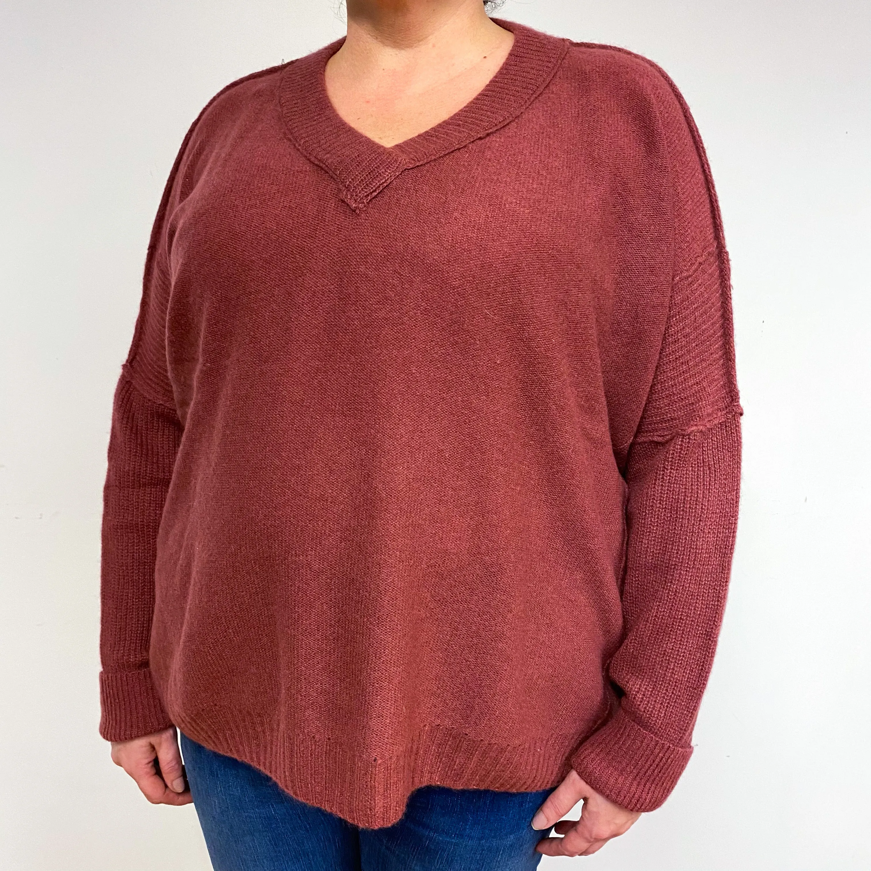 Rust Red Cashmere V-Neck Jumper Extra Large