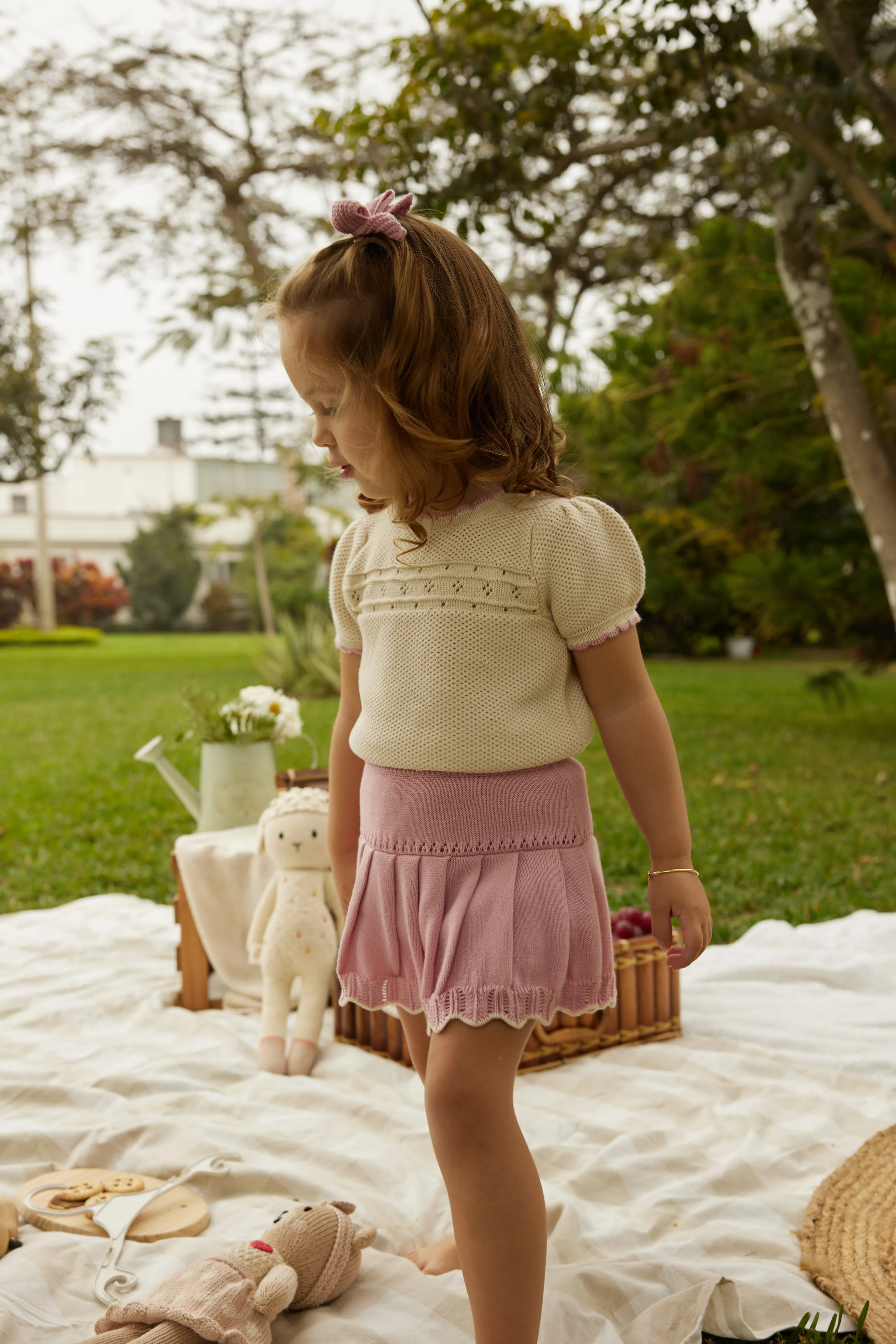 set outfit knit top s/s and pleated skirt - natural/cameo pink