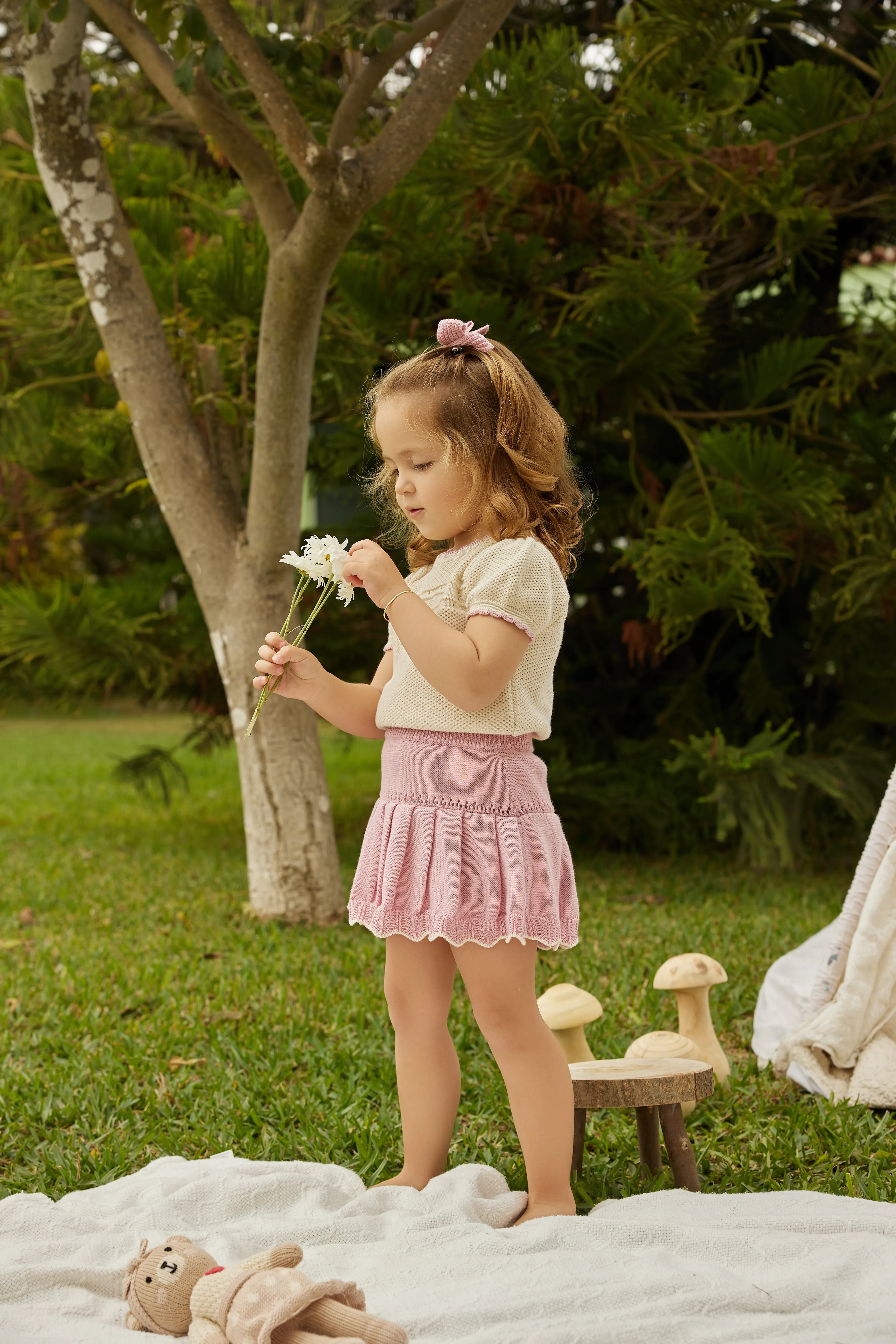 set outfit knit top s/s and pleated skirt - natural/cameo pink