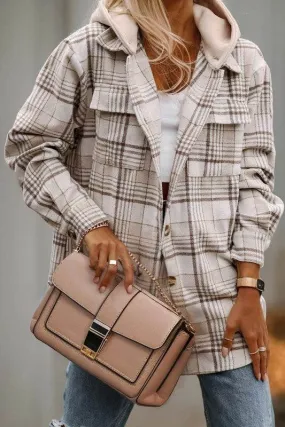 Shewin Plaid Removable Hood Buttoned Shacket