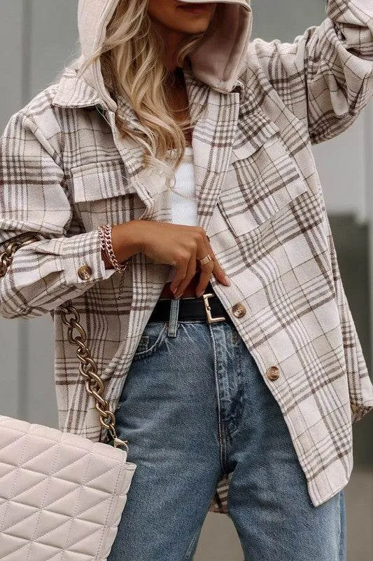 Shewin Plaid Removable Hood Buttoned Shacket