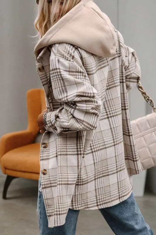 Shewin Plaid Removable Hood Buttoned Shacket