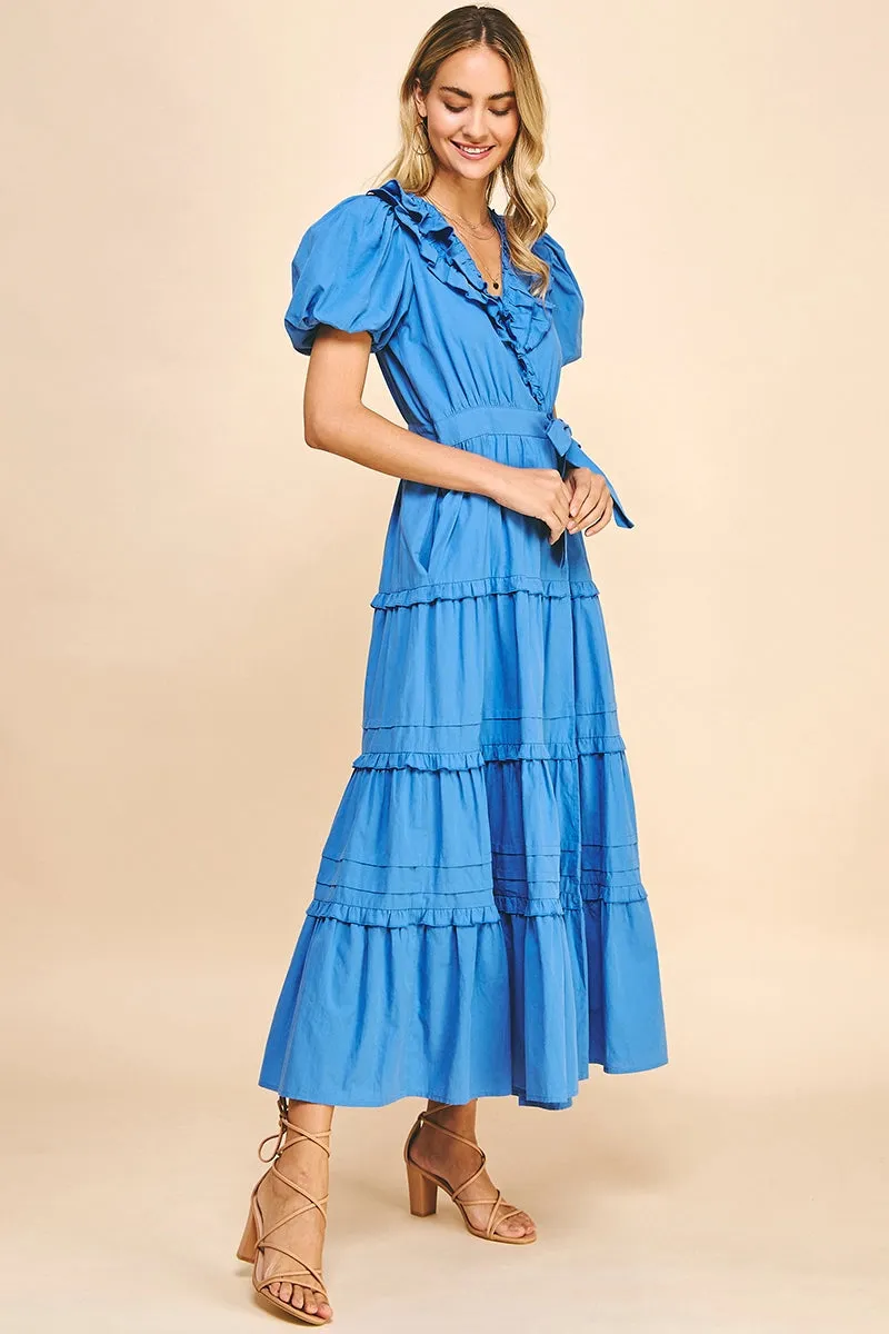 Short Sleeve Ruffle Tiered Maxi Wrap Dress