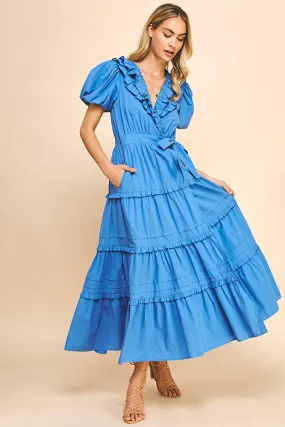 Short Sleeve Ruffle Tiered Maxi Wrap Dress