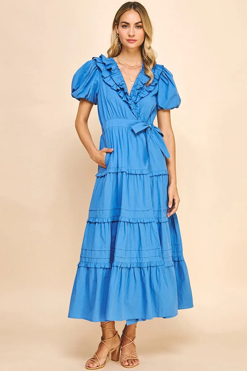 Short Sleeve Ruffle Tiered Maxi Wrap Dress