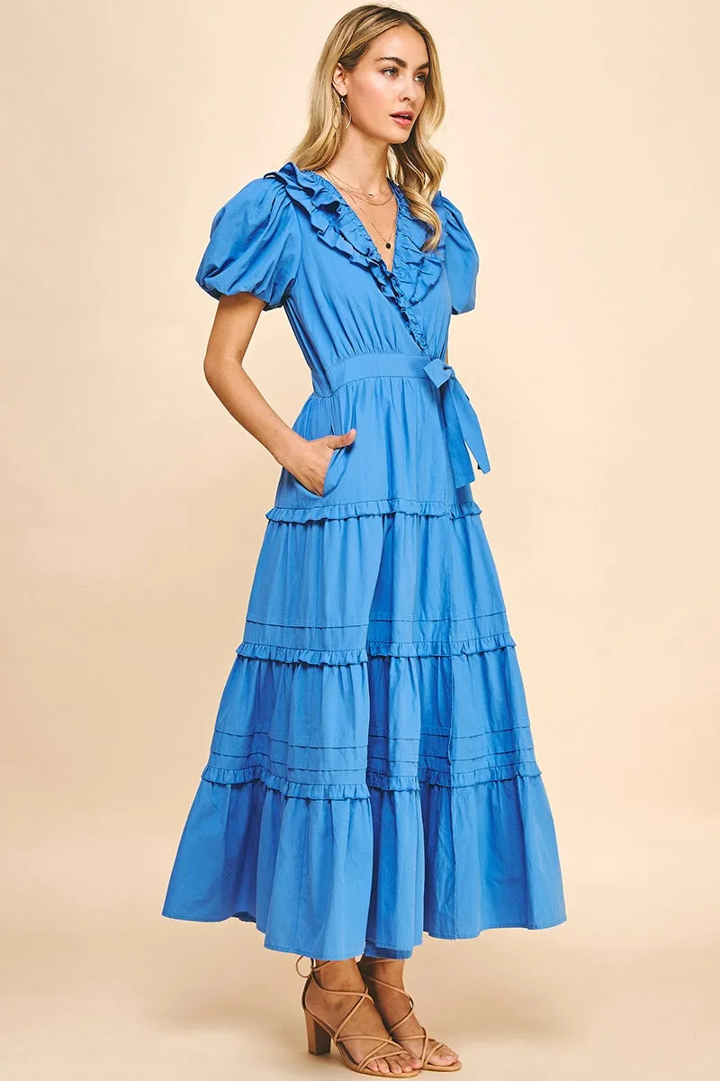 Short Sleeve Ruffle Tiered Maxi Wrap Dress