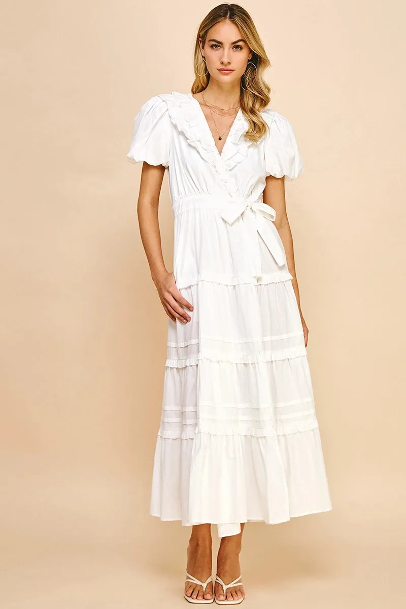 Short Sleeve Ruffle Tiered Maxi Wrap Dress