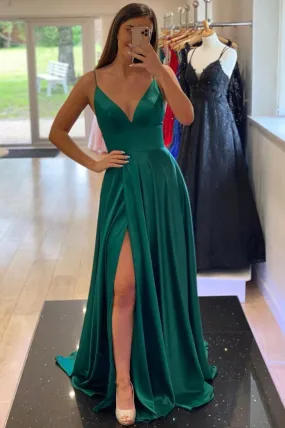 Simple Satin Long A-Line Prom Dress, V-Neck Spaghetti Strap Evening Dress with Slit