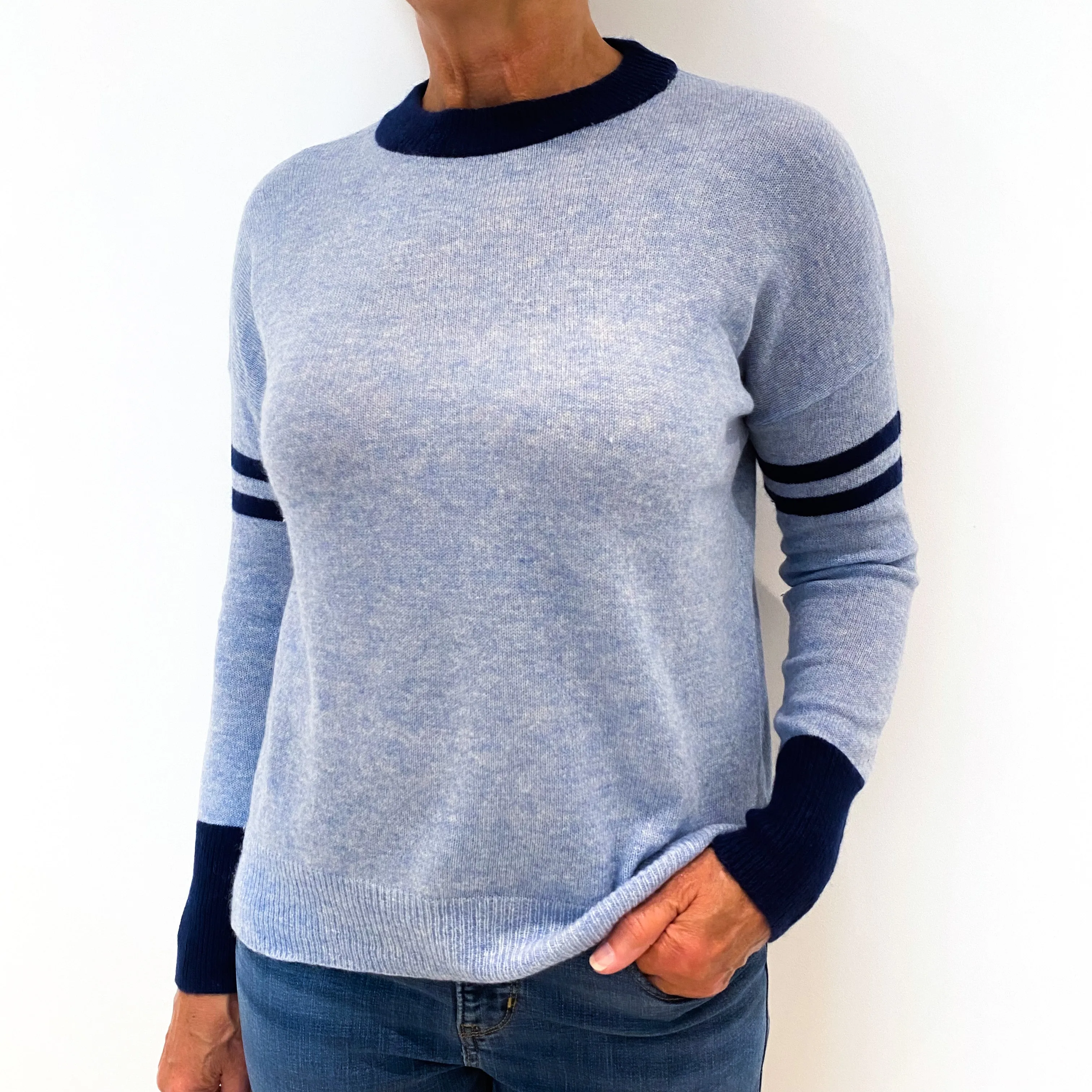 Sky Blue Navy Trim Cashmere Crew Neck Jumper Medium