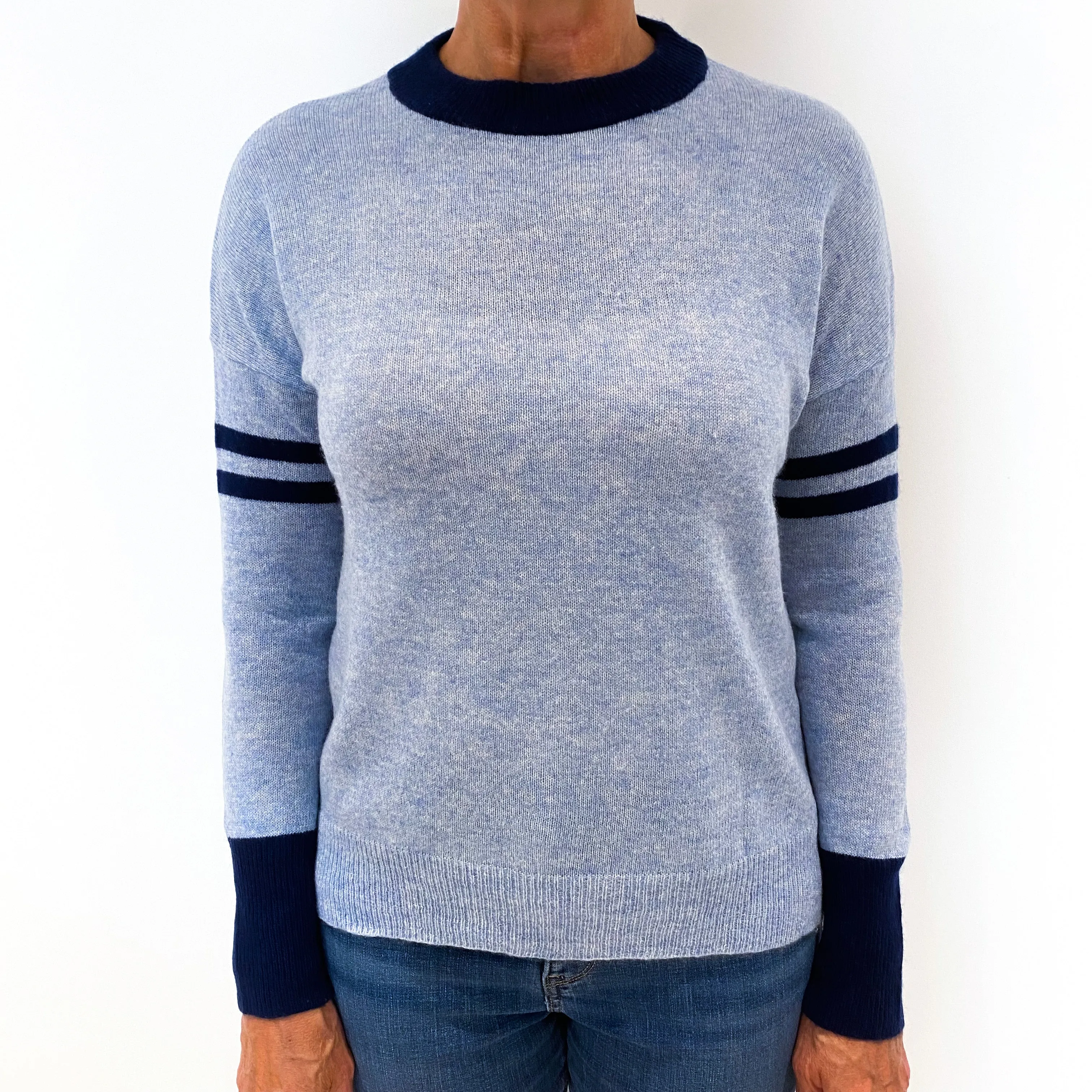 Sky Blue Navy Trim Cashmere Crew Neck Jumper Medium