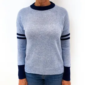 Sky Blue Navy Trim Cashmere Crew Neck Jumper Medium