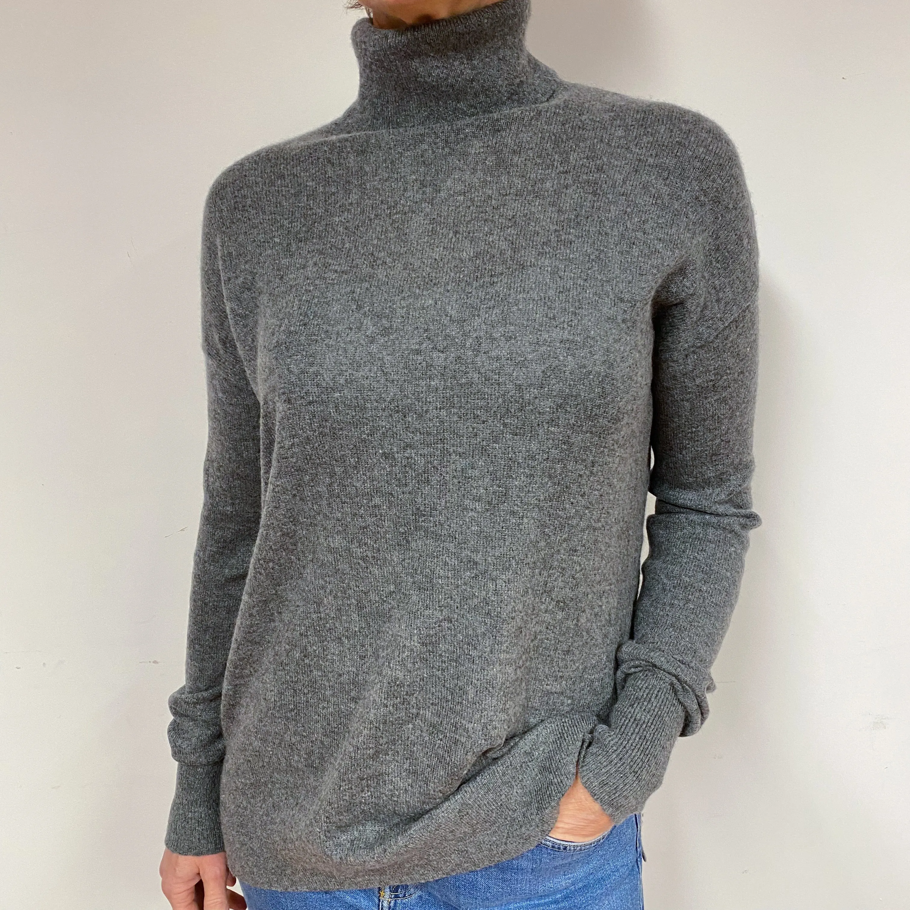Slate Grey Cashmere Polo Neck Jumper Medium