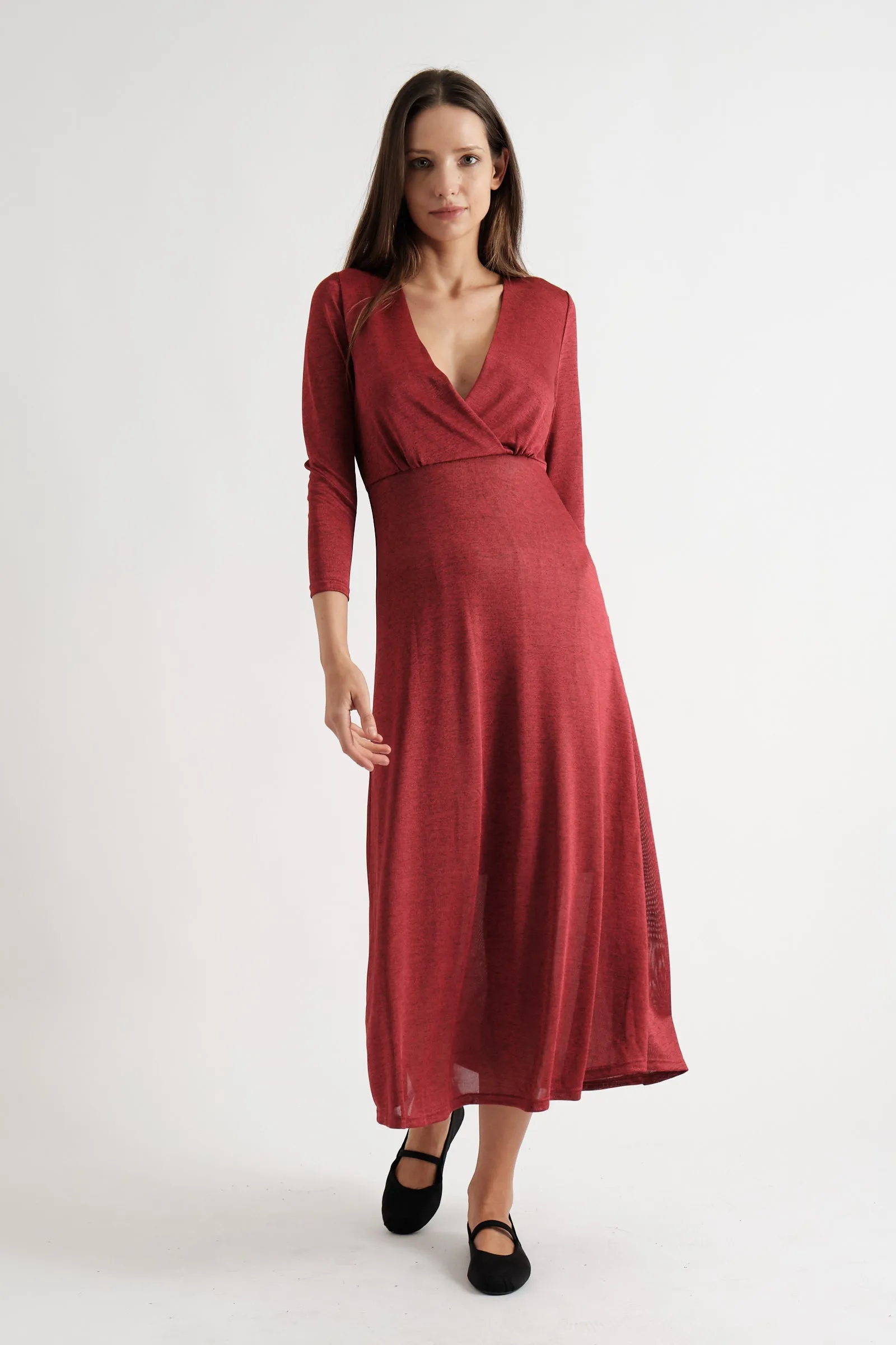 Sona Marl Faux Wrap Midi Dress in Red