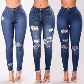 Stretch Mid Waist Ripped Slim Fit Skinny Pants