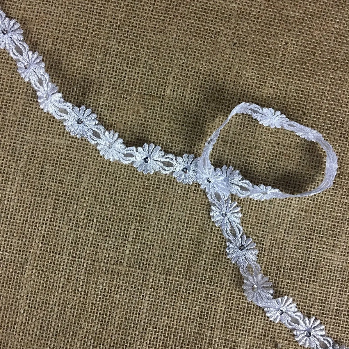 Trim Lace Embroidered & Silver Sequins Double Border Organza Ground, 1" Wide, White, Multi-use Bridal Veil Communion Christening Baptism Dress Cape