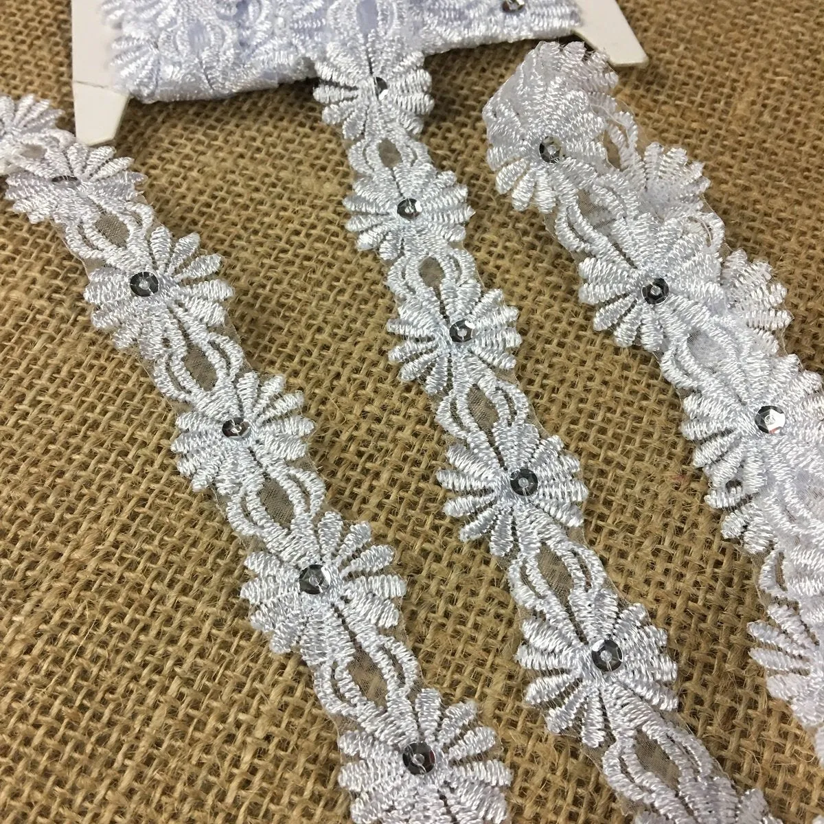 Trim Lace Embroidered & Silver Sequins Double Border Organza Ground, 1" Wide, White, Multi-use Bridal Veil Communion Christening Baptism Dress Cape