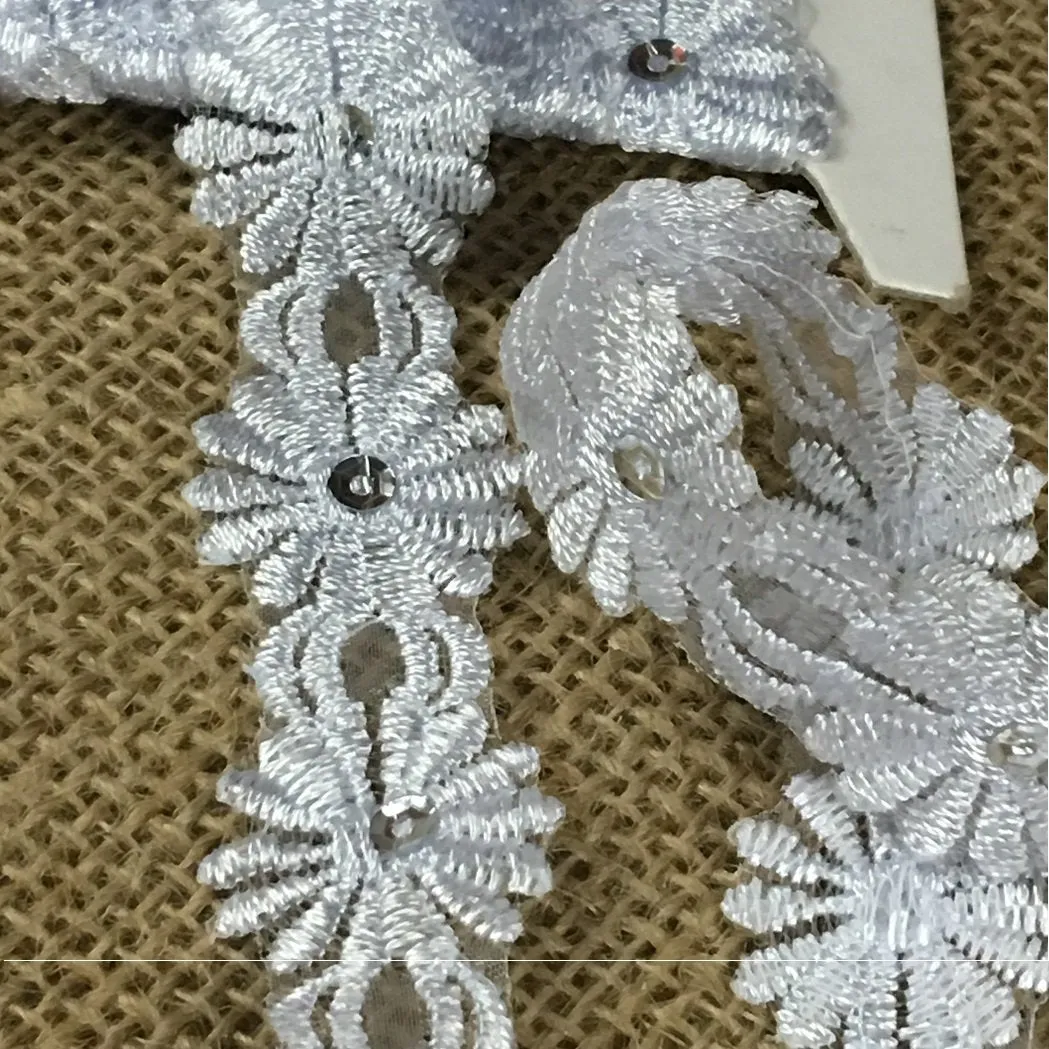 Trim Lace Embroidered & Silver Sequins Double Border Organza Ground, 1" Wide, White, Multi-use Bridal Veil Communion Christening Baptism Dress Cape