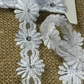 Trim Lace Embroidered & Silver Sequins Double Border Organza Ground, 1" Wide, White, Multi-use Bridal Veil Communion Christening Baptism Dress Cape