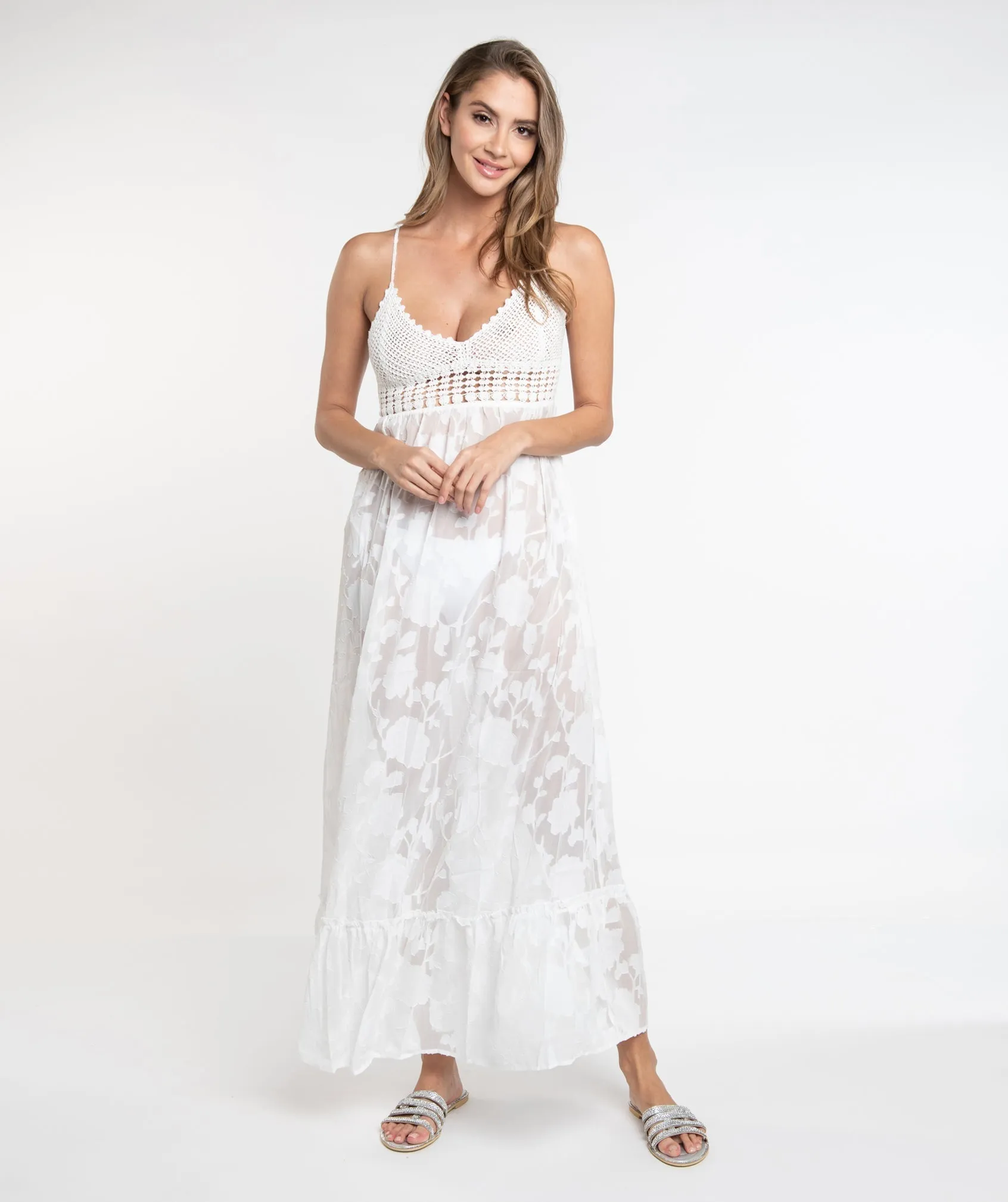 White Floral Lace Slip-on Maxi Dress