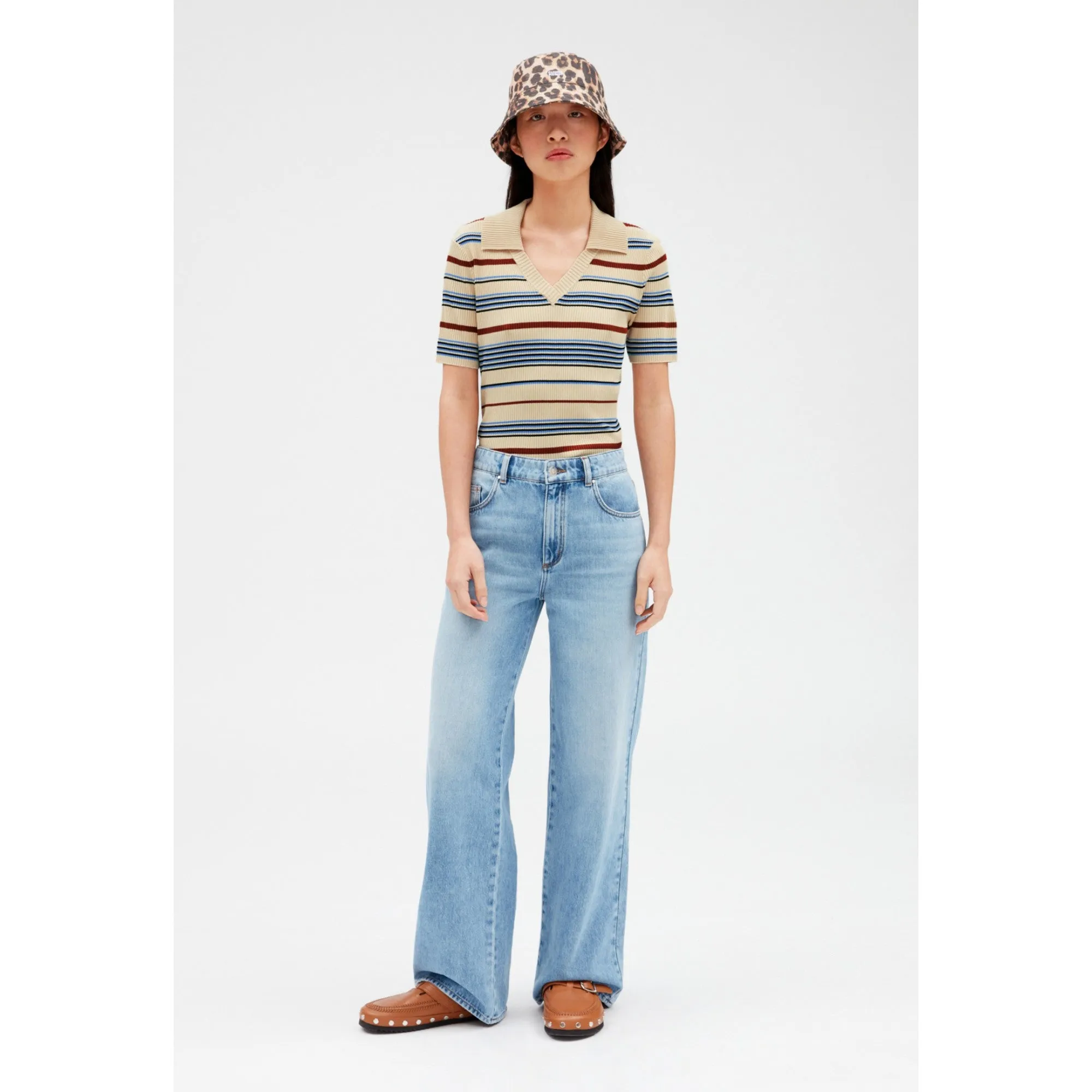 Women Short-Sleeved Polo Collar Jumper - Multicolored