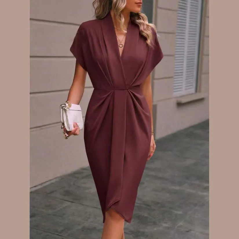 Women’s Elegant Pleated V-Neck Short Sleeve Wrap Midi Dress