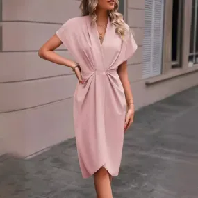 Women’s Elegant Pleated V-Neck Short Sleeve Wrap Midi Dress