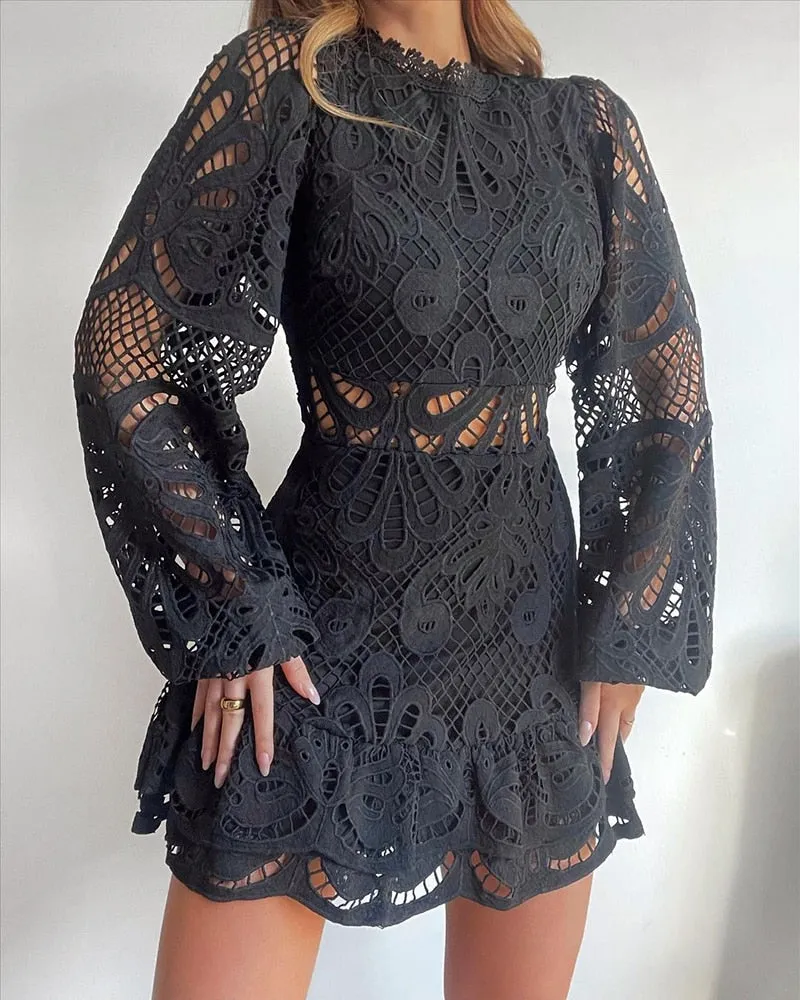 xakxx Fashion Clubwear Women Sexy Lace Mini Dress Female  Mini Crochet Hollow-Out  Lantern Sleeve Lady Party Dress