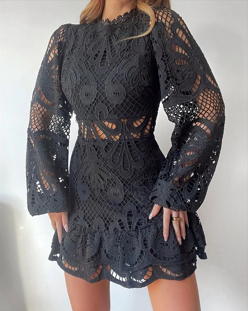 xakxx Fashion Clubwear Women Sexy Lace Mini Dress Female  Mini Crochet Hollow-Out  Lantern Sleeve Lady Party Dress
