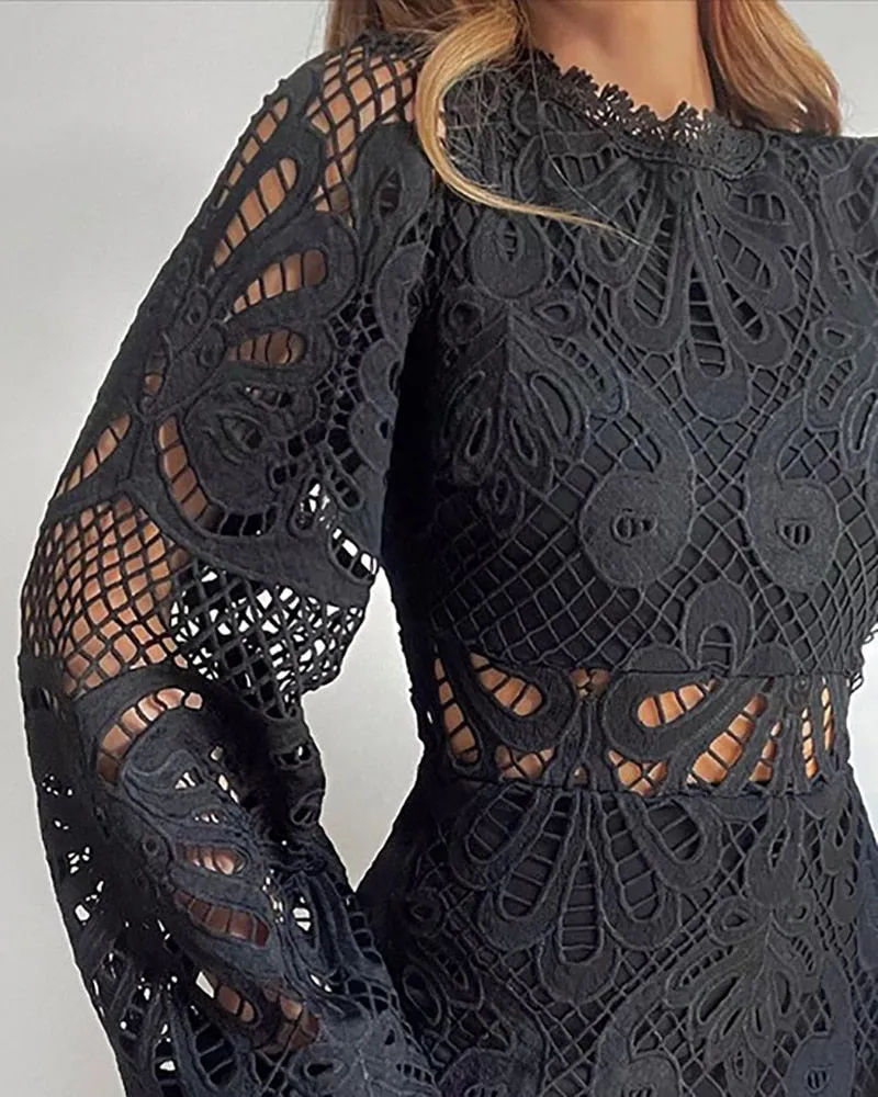 xakxx Fashion Clubwear Women Sexy Lace Mini Dress Female  Mini Crochet Hollow-Out  Lantern Sleeve Lady Party Dress